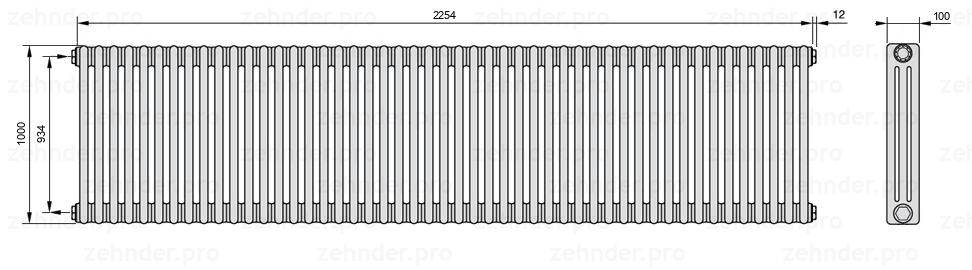 Схема (чертеж) Радиатор Zehnder Charleston 3100/49 №1270 Белый глянцевый RAL 9016